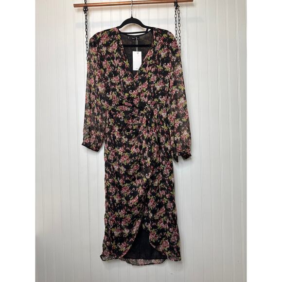 NWT Mango Knot Floral Print Dress Black & Pink Asymmetrical Sheath Size S - Picture 2 of 5